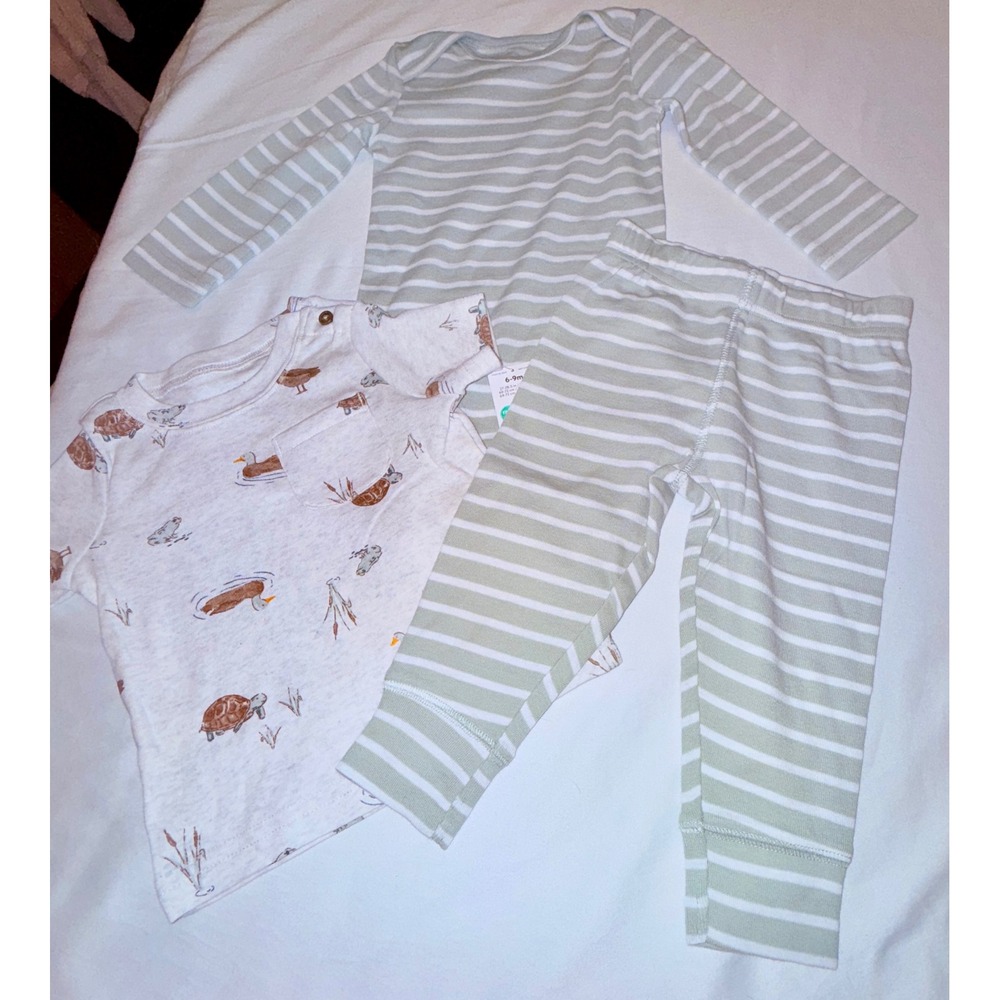 Carter's Child of Mine 3pc Outfit Set Baby 0-3M Green Striped Animal‎ New